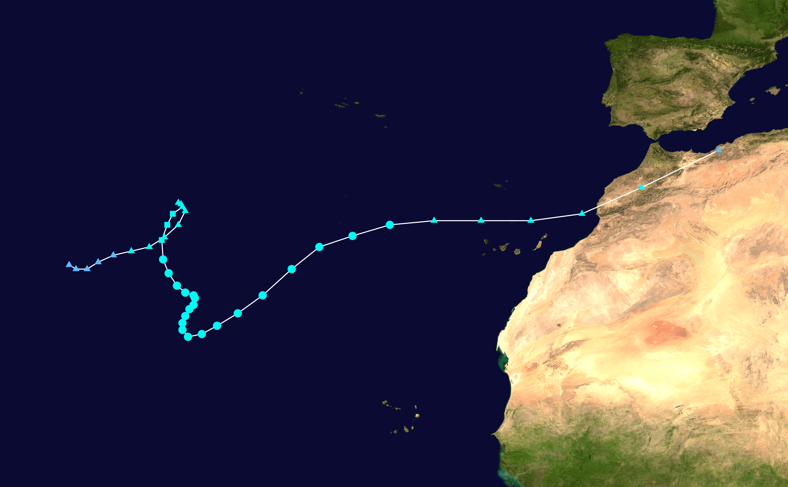 Map plotting the storm's track and intensity, according to the Saffir–Simpson scale